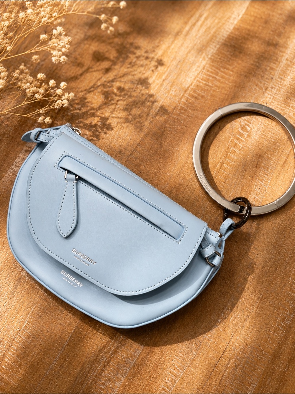 Burberry Pale Blue Leather Ring-Handle Wristlet
